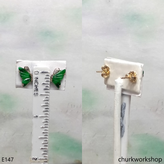 Green jade butterfly ear studs 14K yellow gold