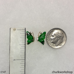 Green jade butterfly ear studs 14K yellow gold