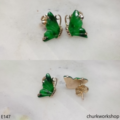 Green jade butterfly ear studs 14K yellow gold