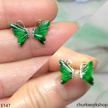 Green jade butterfly ear studs 14K yellow gold