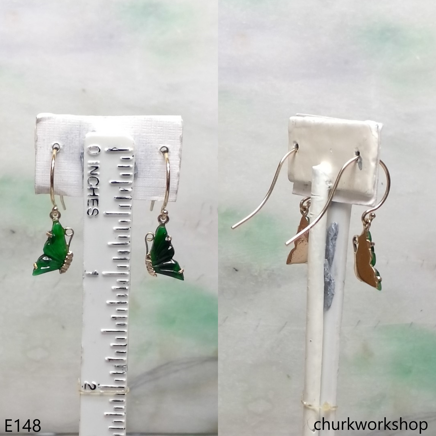 Green jade butterfly earrings 14K yellow gold