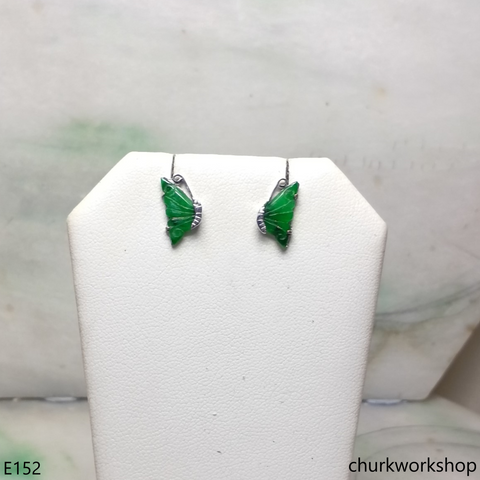 Green jade butterfly ear studs 14K white gold
