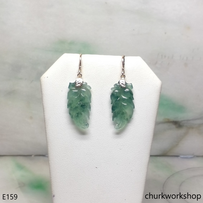Bluish green jade leaf 14K yellow gold earrings