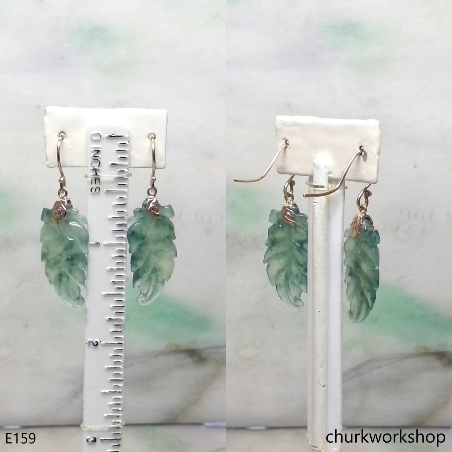 Bluish green jade leaf 14K yellow gold earrings