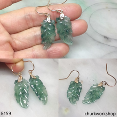 Bluish green jade leaf 14K yellow gold earrings