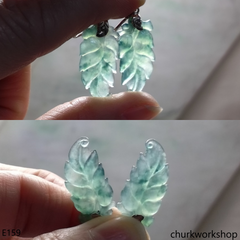 Bluish green jade leaf 14K yellow gold earrings