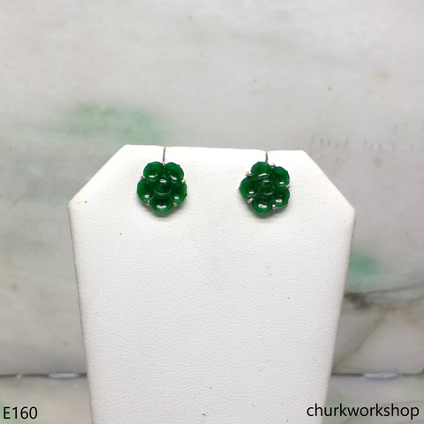 Green jade flower ear studs 14K white gold