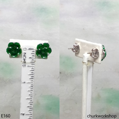 Green jade flower ear studs 14K white gold