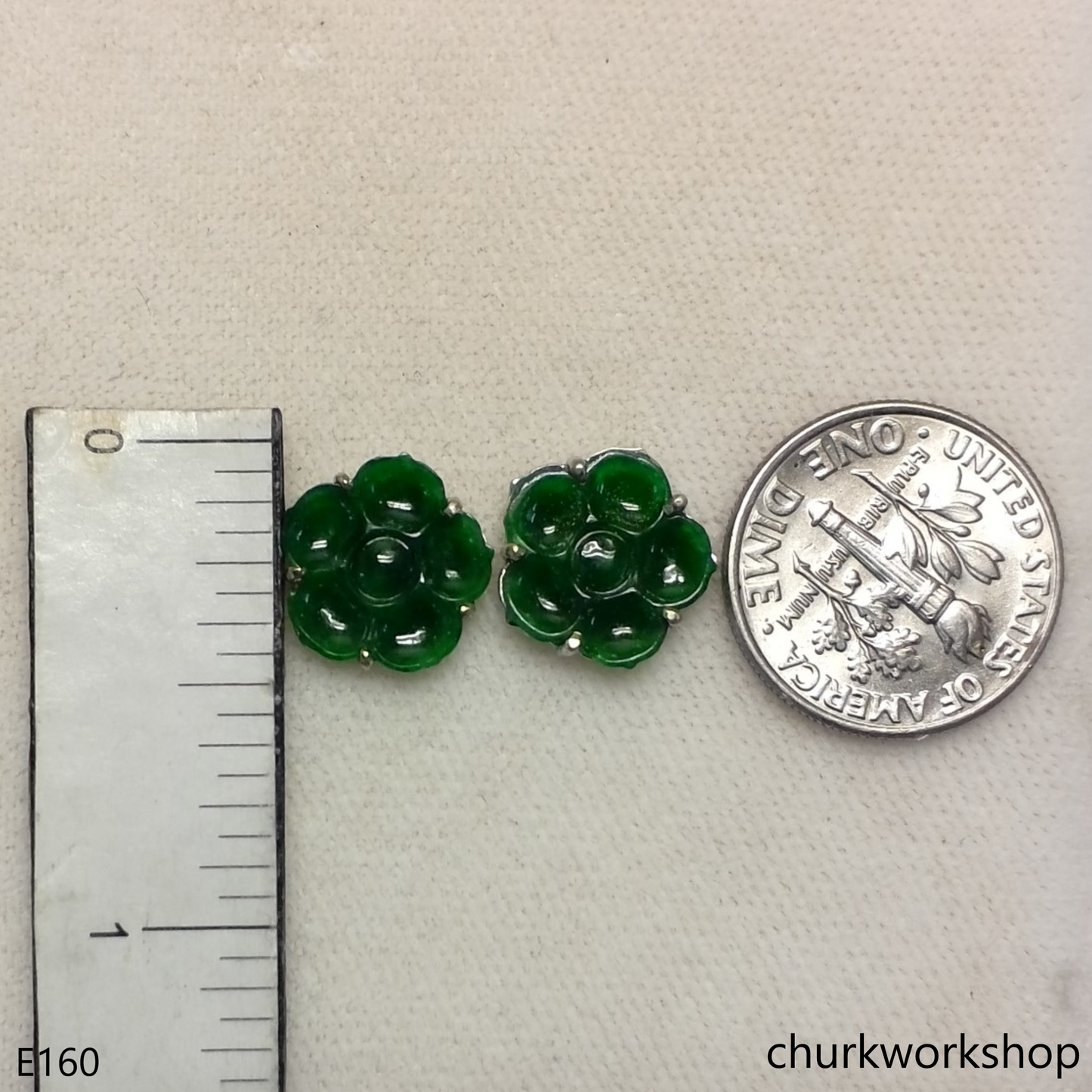 Green jade flower ear studs 14K white gold