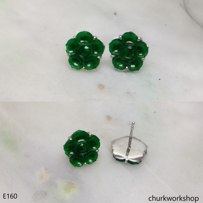 Green jade flower ear studs 14K white gold