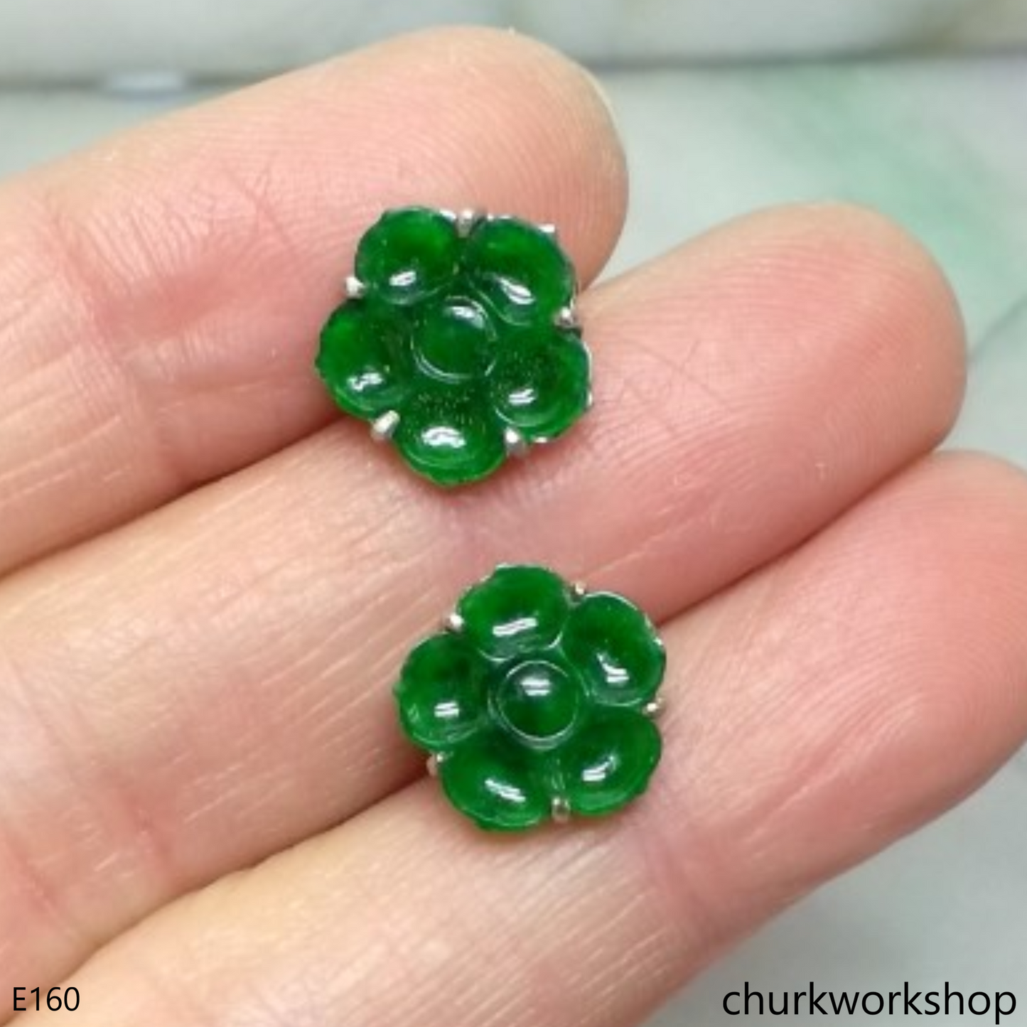 Green jade flower ear studs 14K white gold