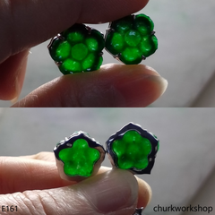 Green jade flower earrings 14K white gold