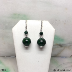 Dark green jade bead earrings sterling silver