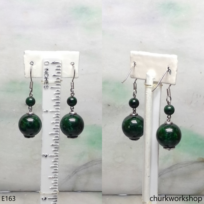 Dark green jade bead earrings sterling silver