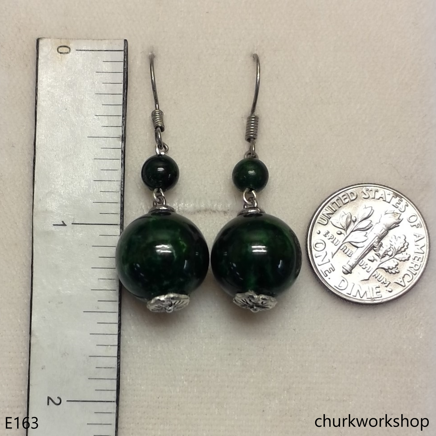 Dark green jade bead earrings sterling silver