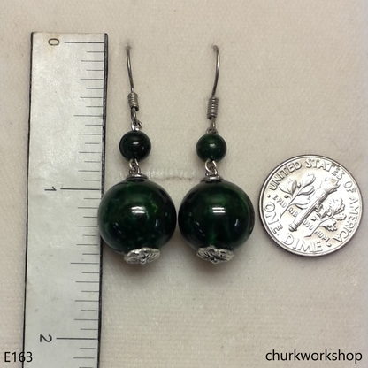 Dark green jade bead earrings sterling silver