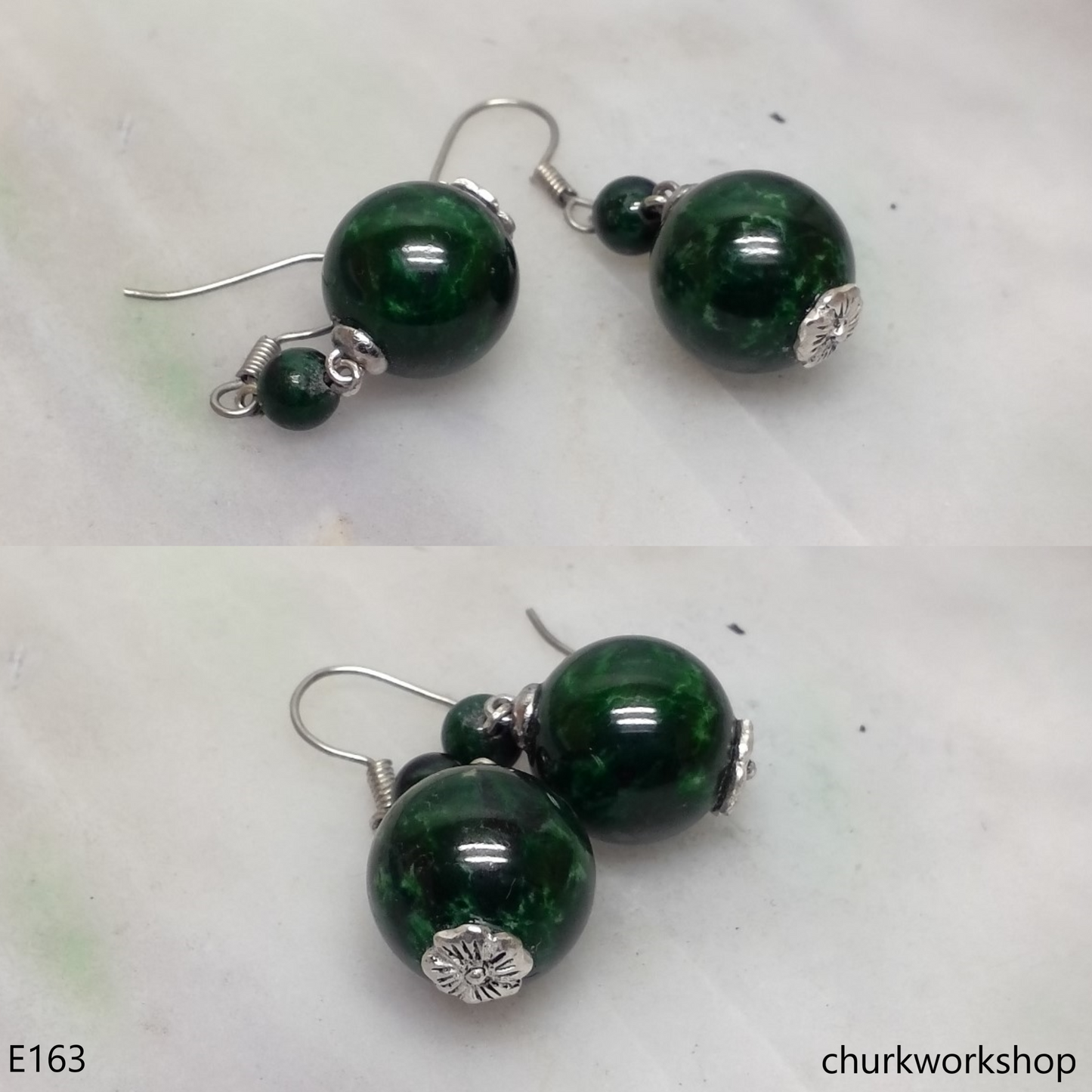 Dark green jade bead earrings sterling silver