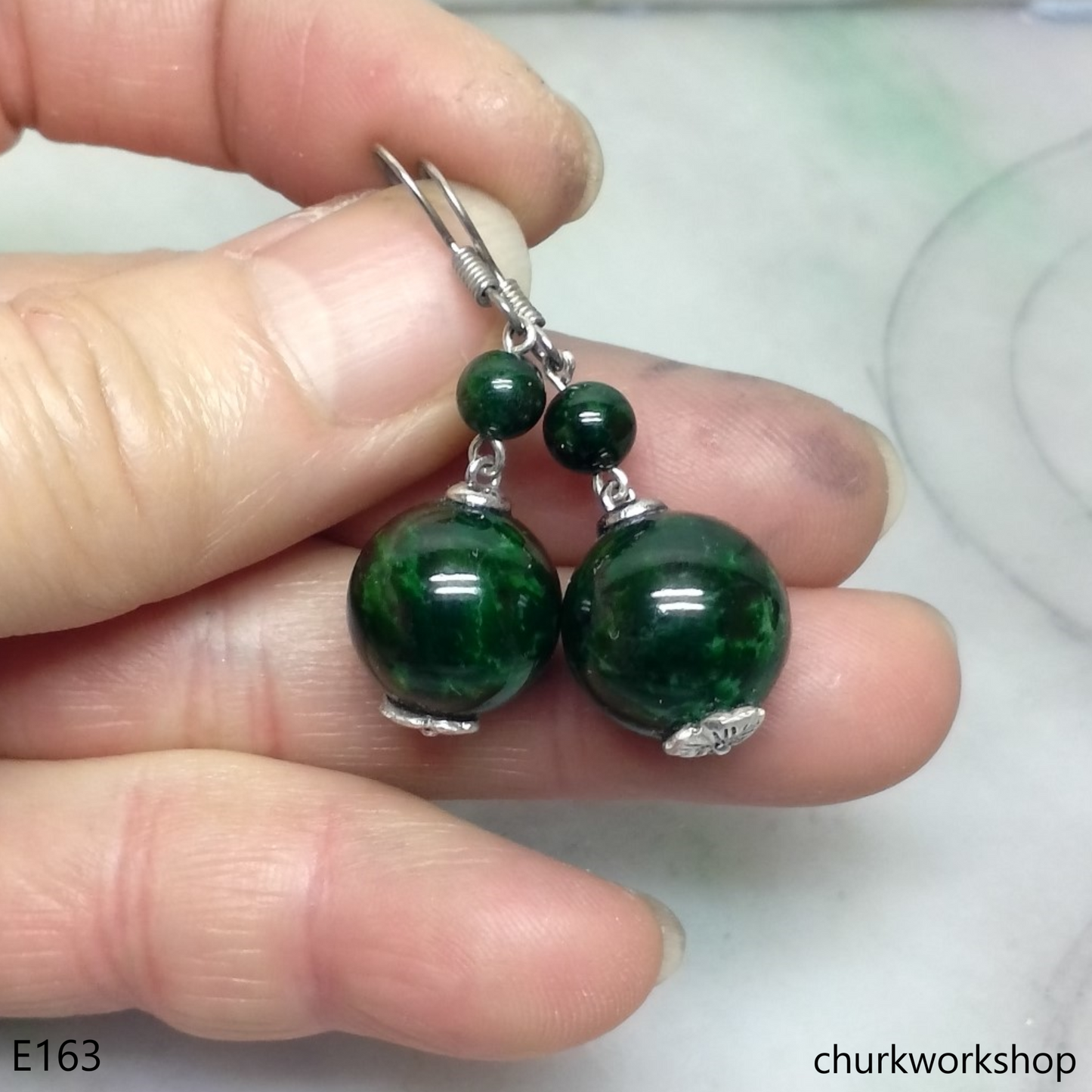 Dark green jade bead earrings sterling silver