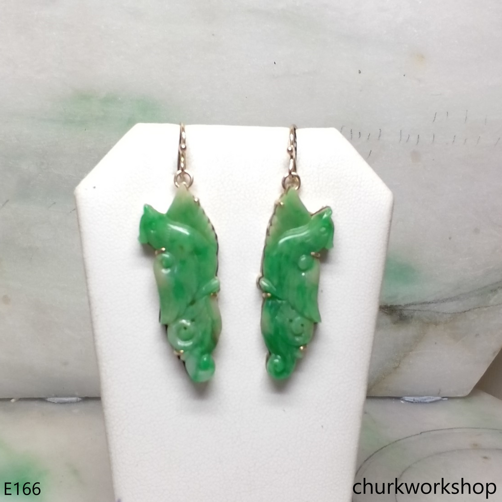 Light green jade bird earrings 14K yellow gold