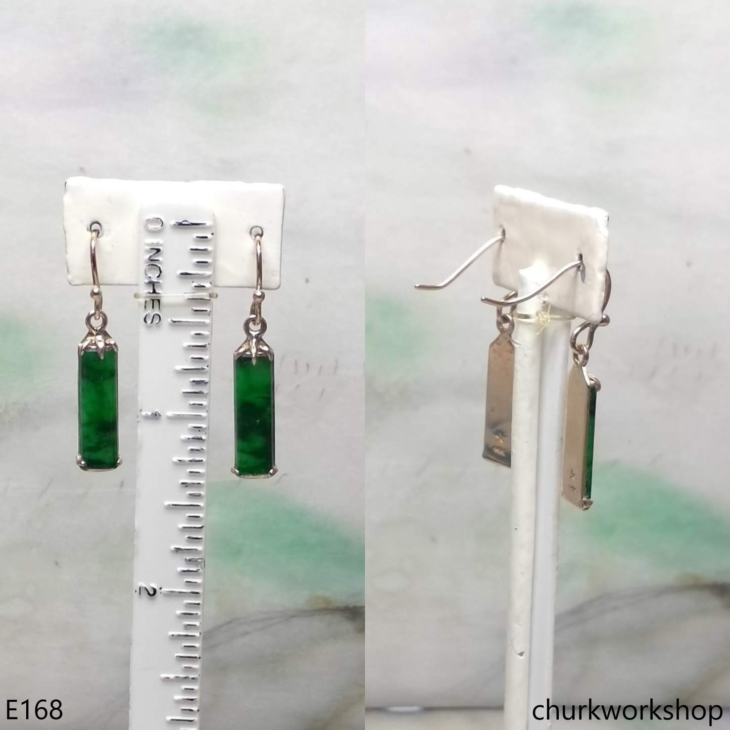 Rectangular green jade earrings 14K yellow gold