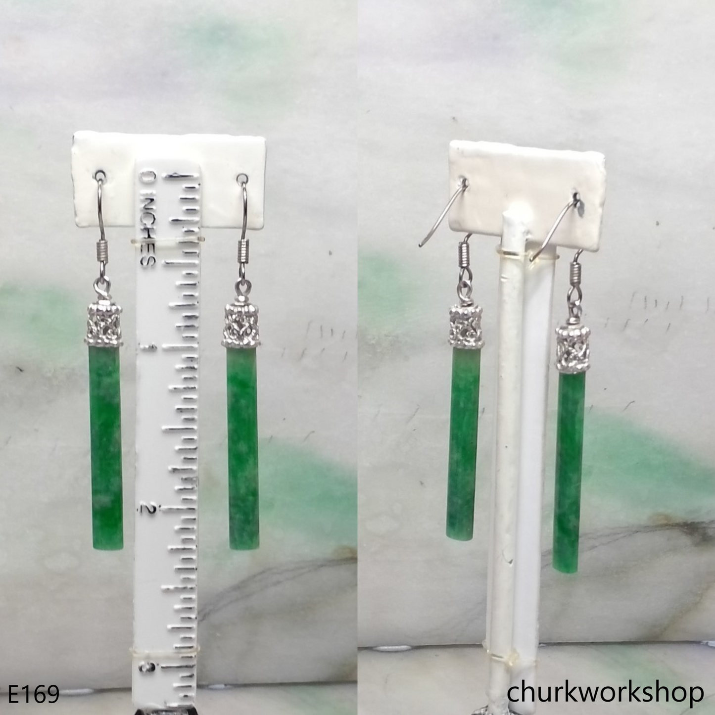 Green jade long stick earrings
