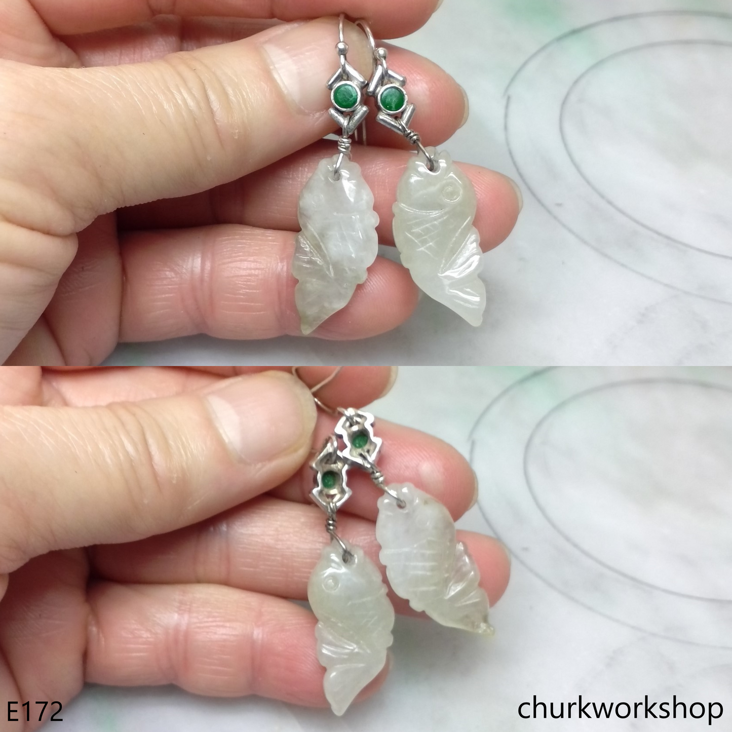 Pale green jade fish earrings