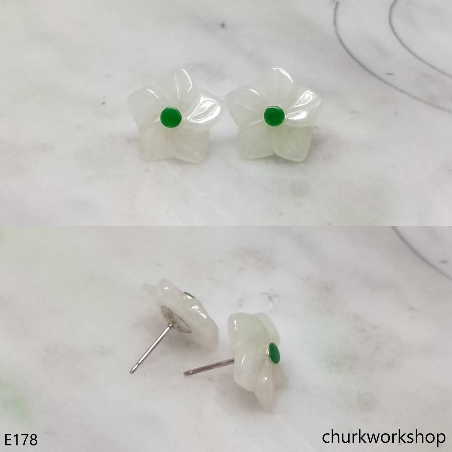 White jade flowers sterling silver ear studs