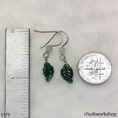 Dark green jade leaf silver earrings