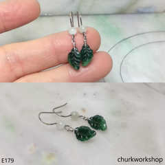 Dark green jade leaf silver earrings