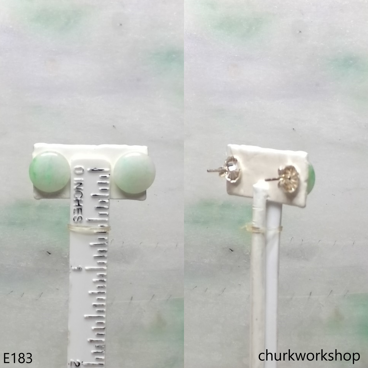 Pale green jade disc silver ear studs