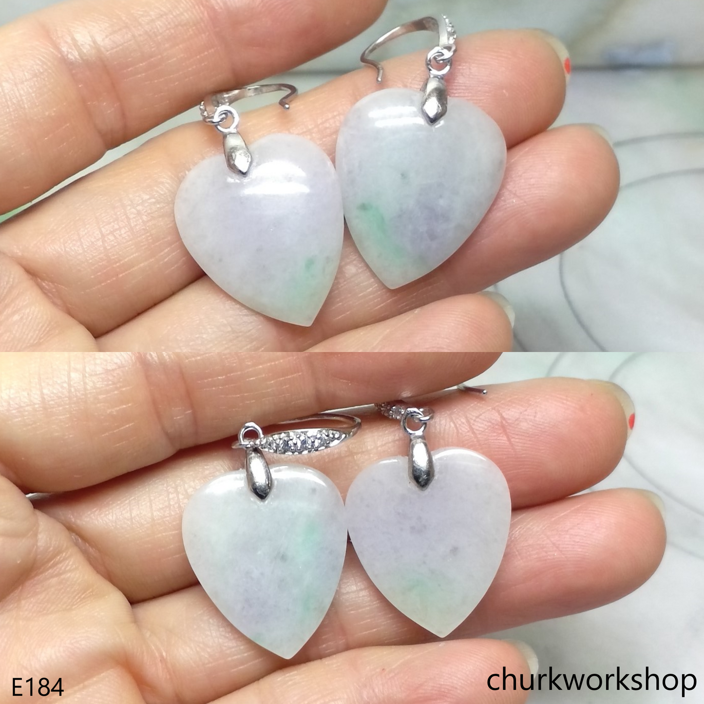 Lavender & green jade heart earrings