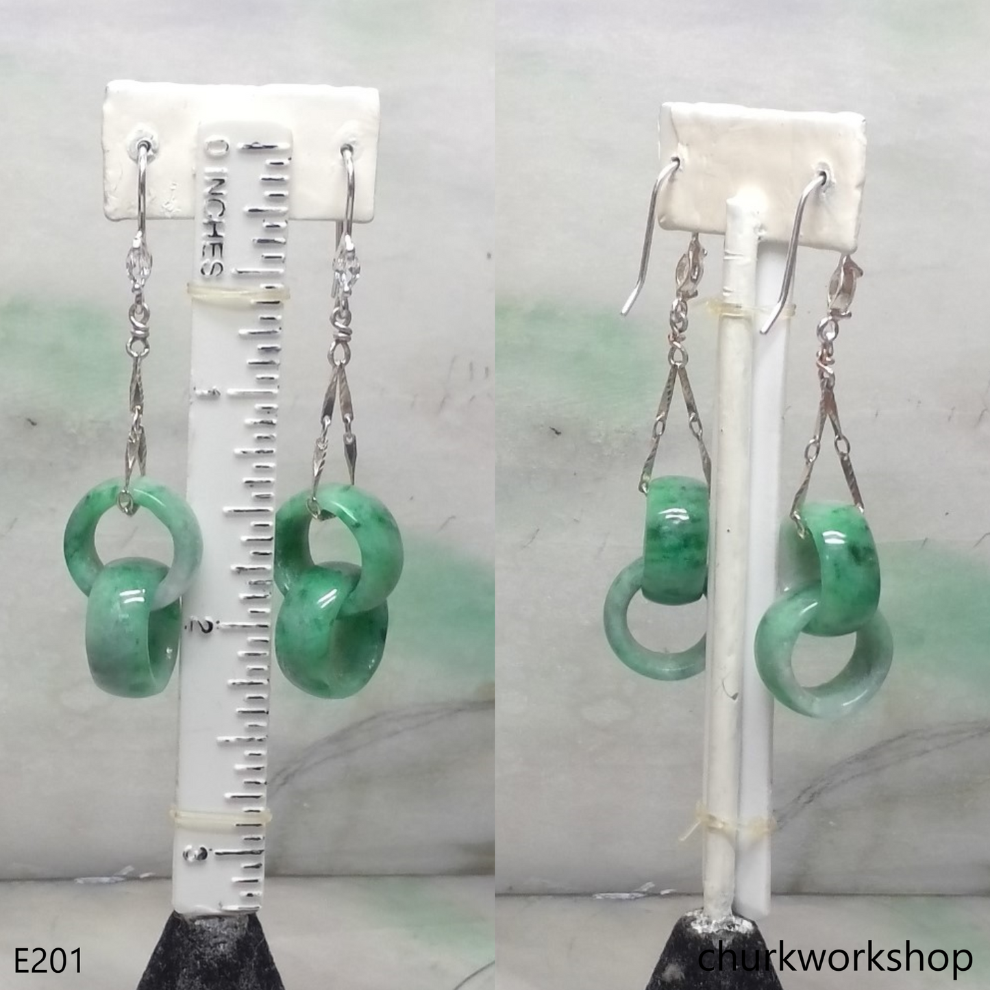 Green interlocking jade dangling earrings