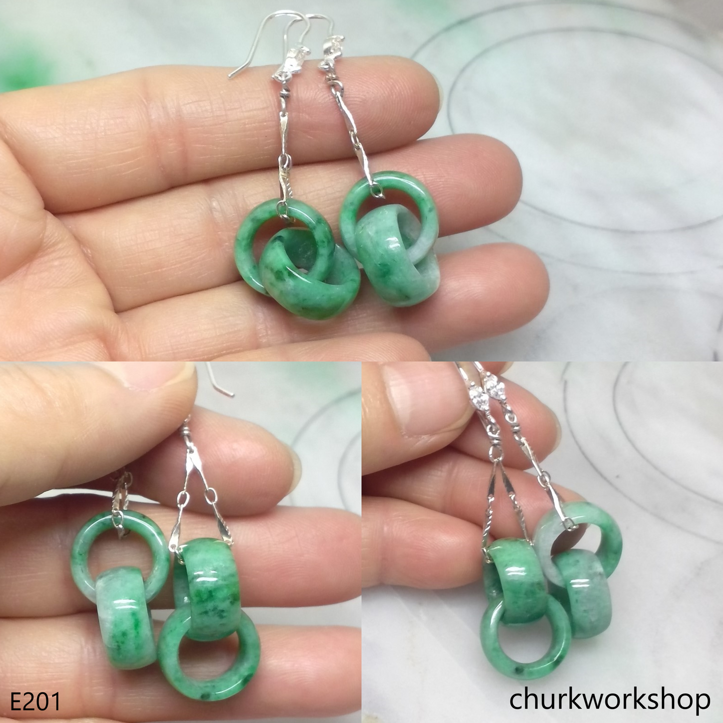 Green interlocking jade dangling earrings