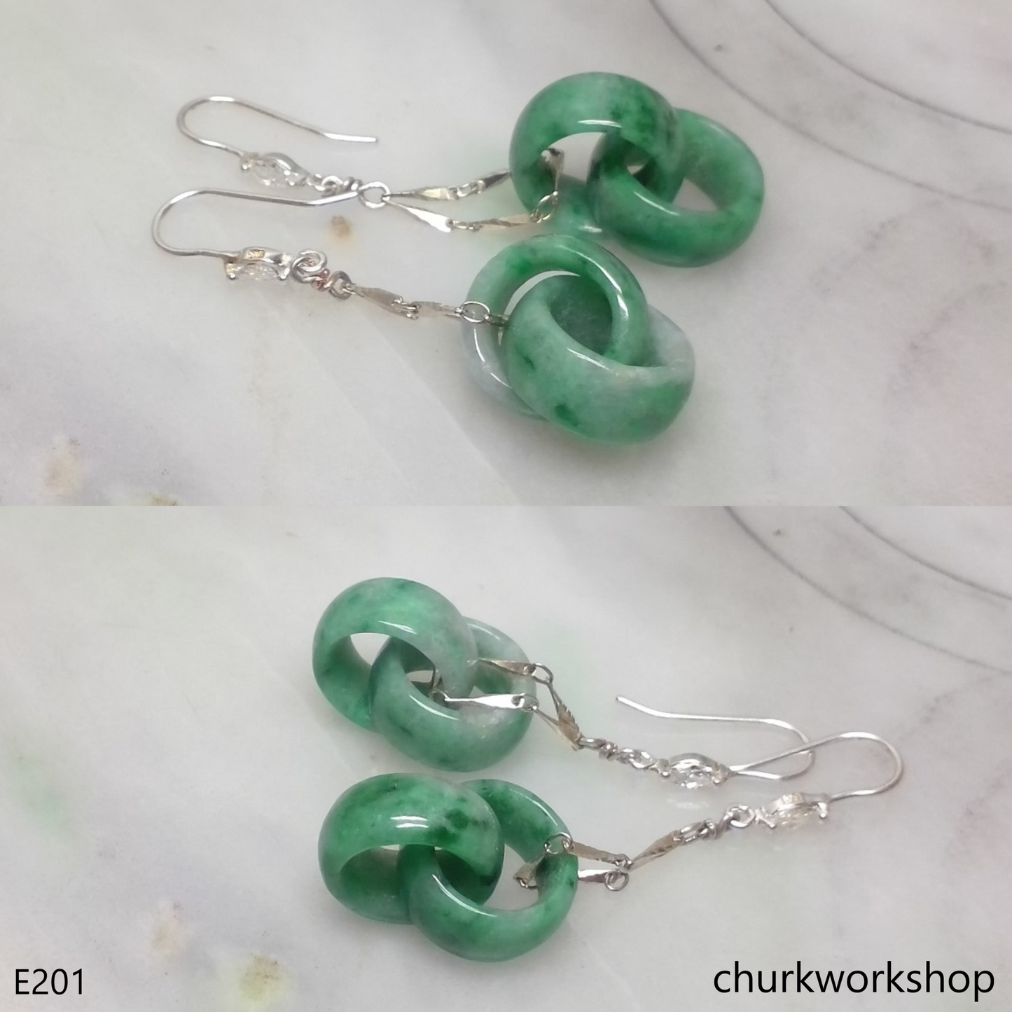 Green interlocking jade dangling earrings