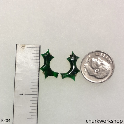 Green jade ear studs 14K yellow gold