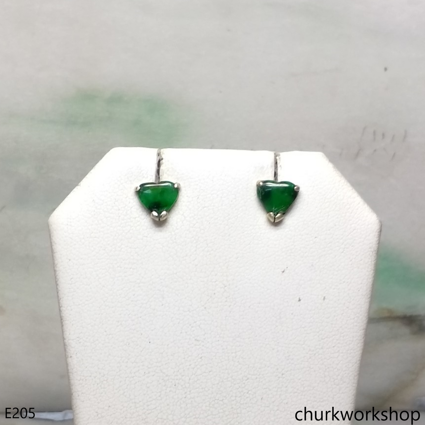 Green heart ear studs 14K yellow gold