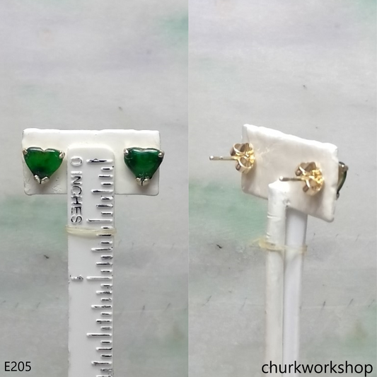 Green heart ear studs 14K yellow gold