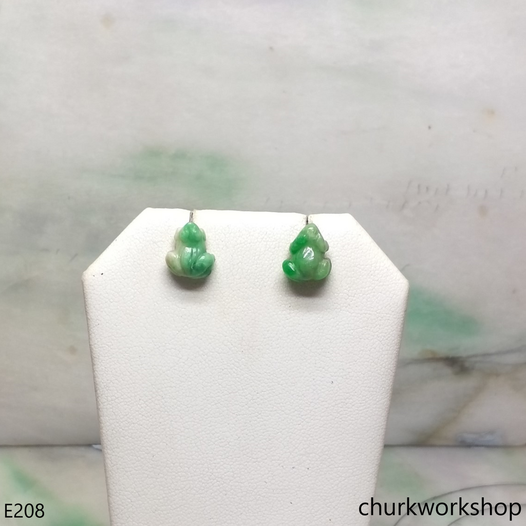 Green jade frog silver ear studs