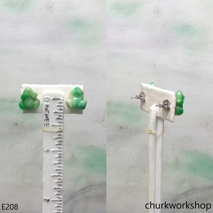 Green jade frog silver ear studs