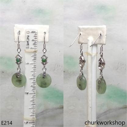 Light green flat circle jade ear hooks
