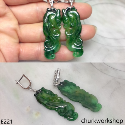 Dark green jade dragon earrings sterling silver