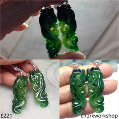 Dark green jade dragon earrings sterling silver