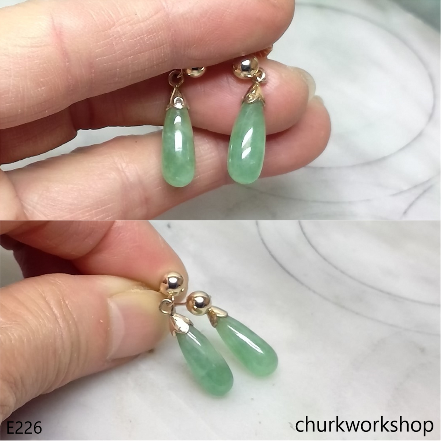 Light green jade rain drop earrings 14K yellow gold