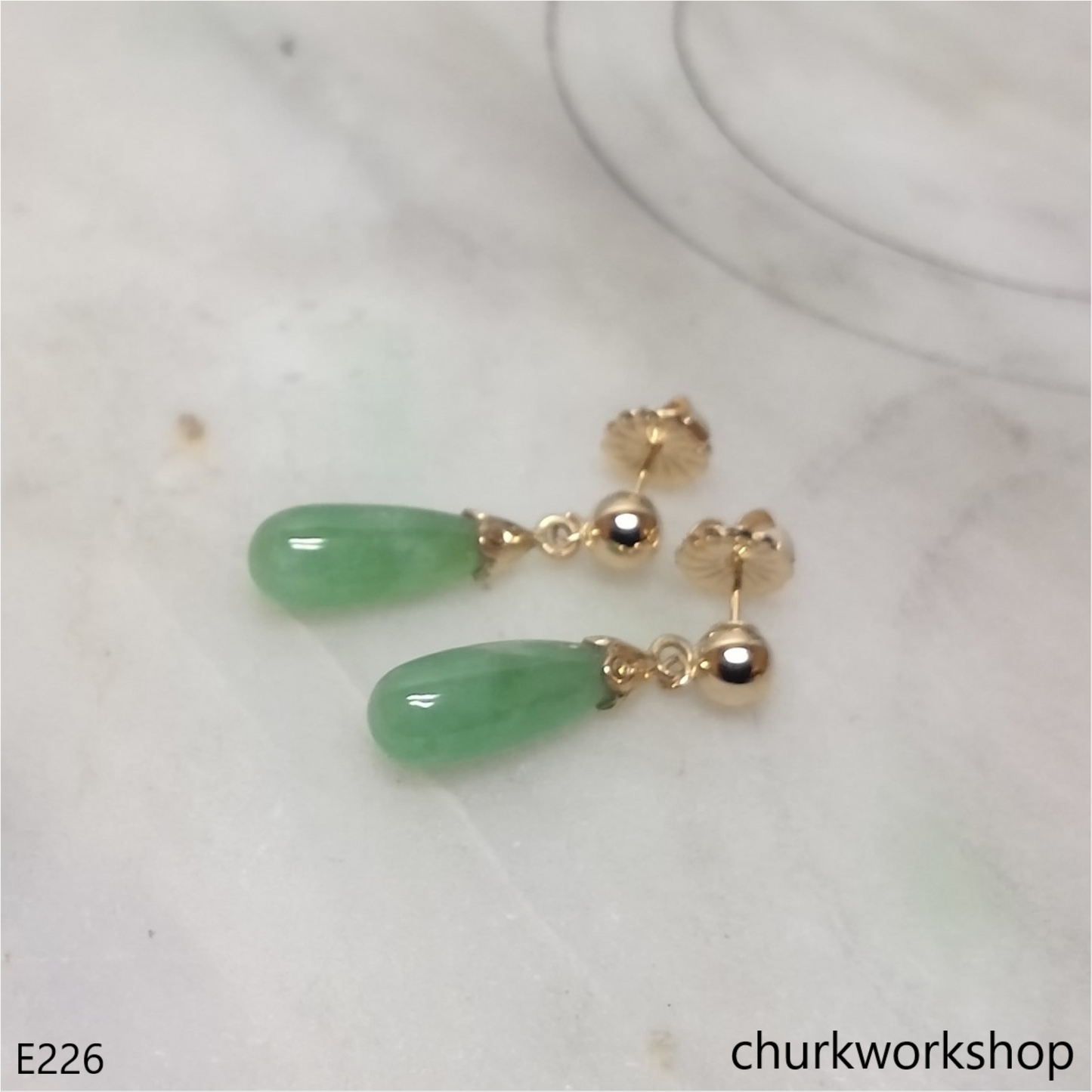 Light green jade rain drop earrings 14K yellow gold