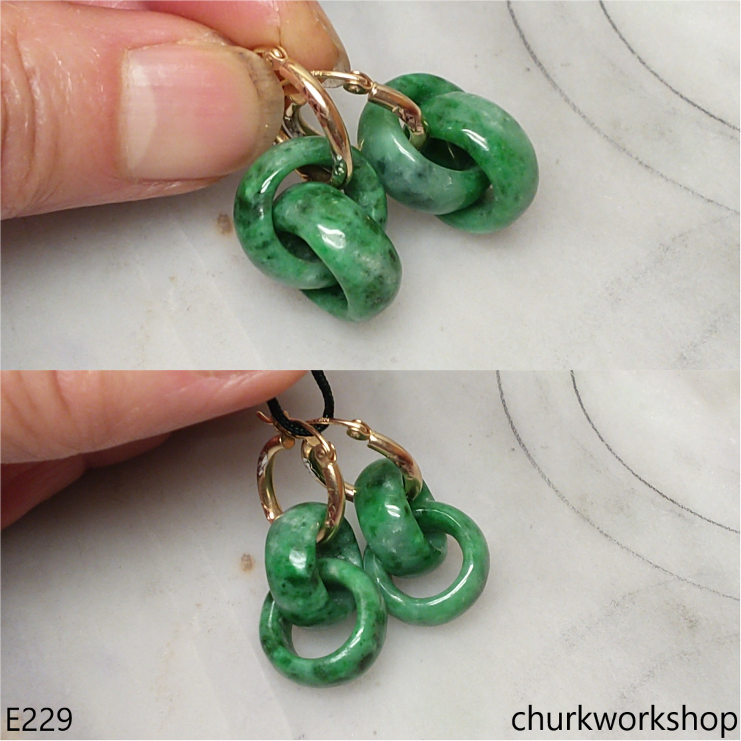 Green double jade ring dangling earrings
