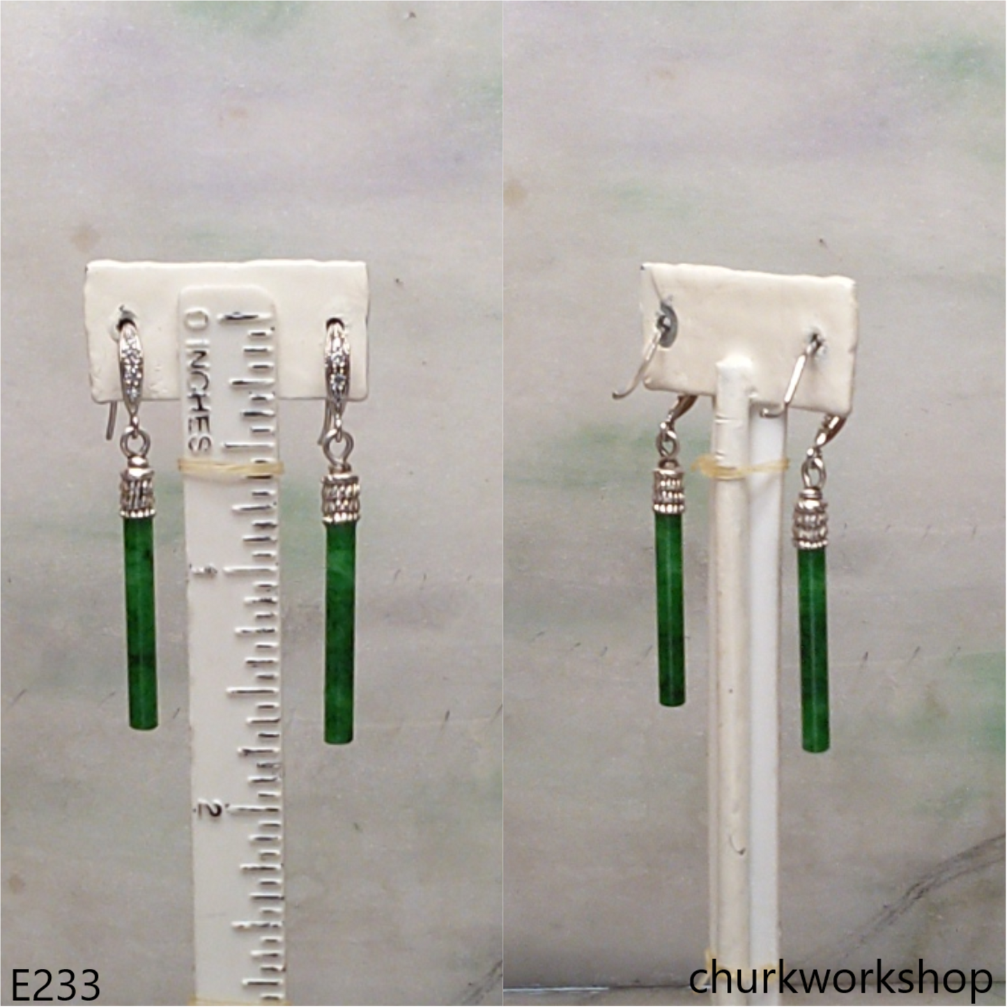 Green jade stick earrings