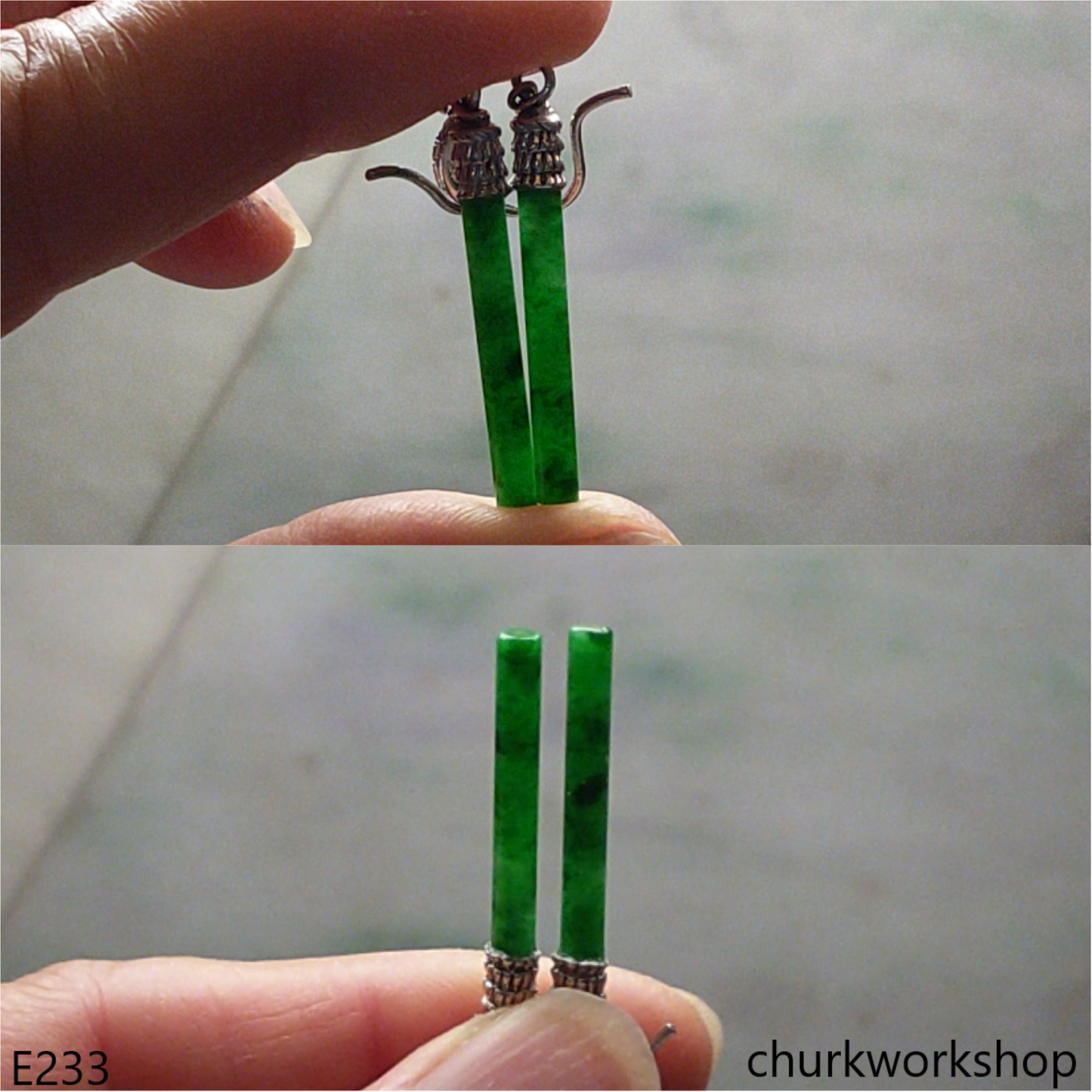 Green jade stick earrings