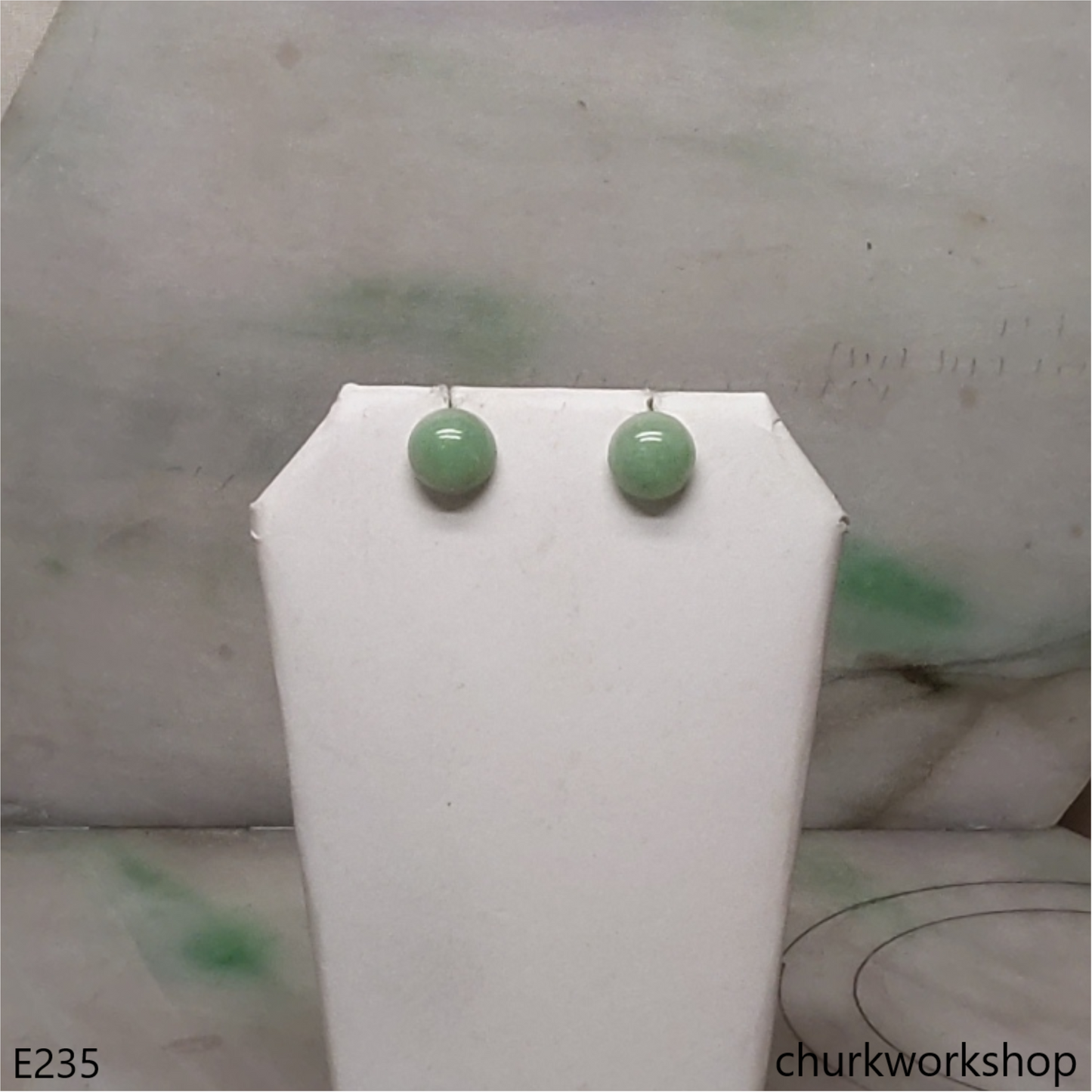 Light green jade half bead silver ear studs