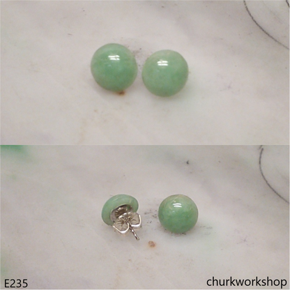 Light green jade half bead silver ear studs