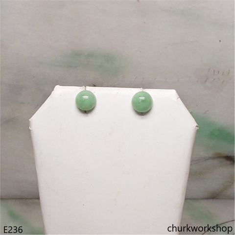 Light green jade half bead silver ear studs